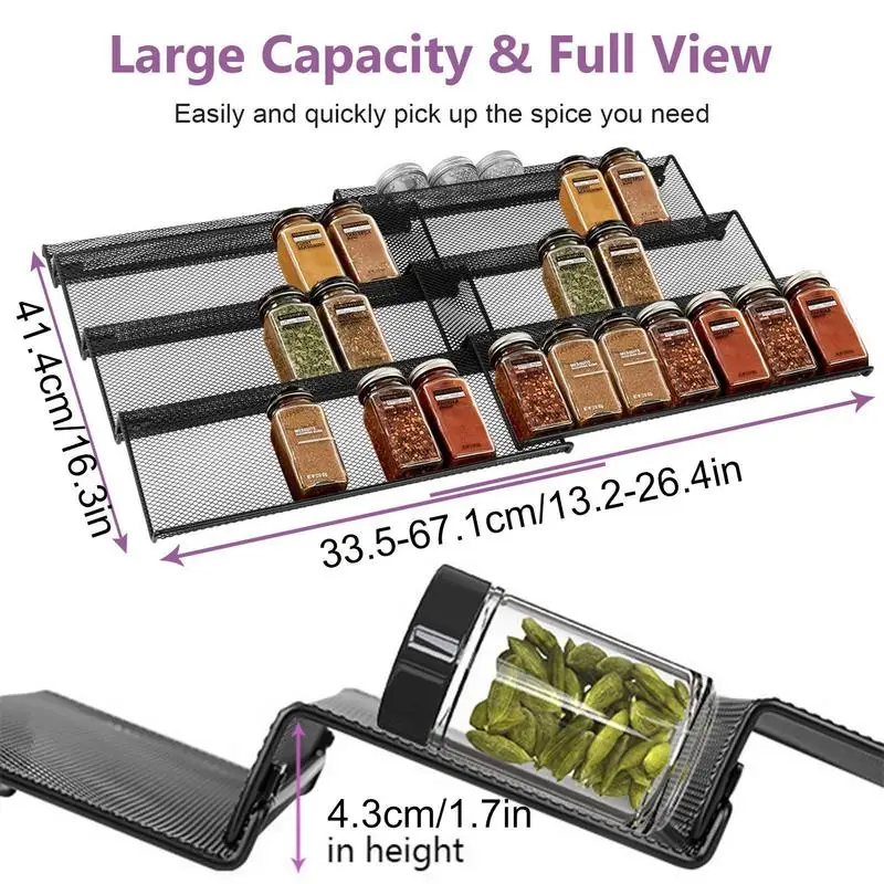 4-Tier Expandable Seasoning Jar Storage Rack Spice Drawer Organizer Tray Kitchen Pantry Countertop Organization Shelf