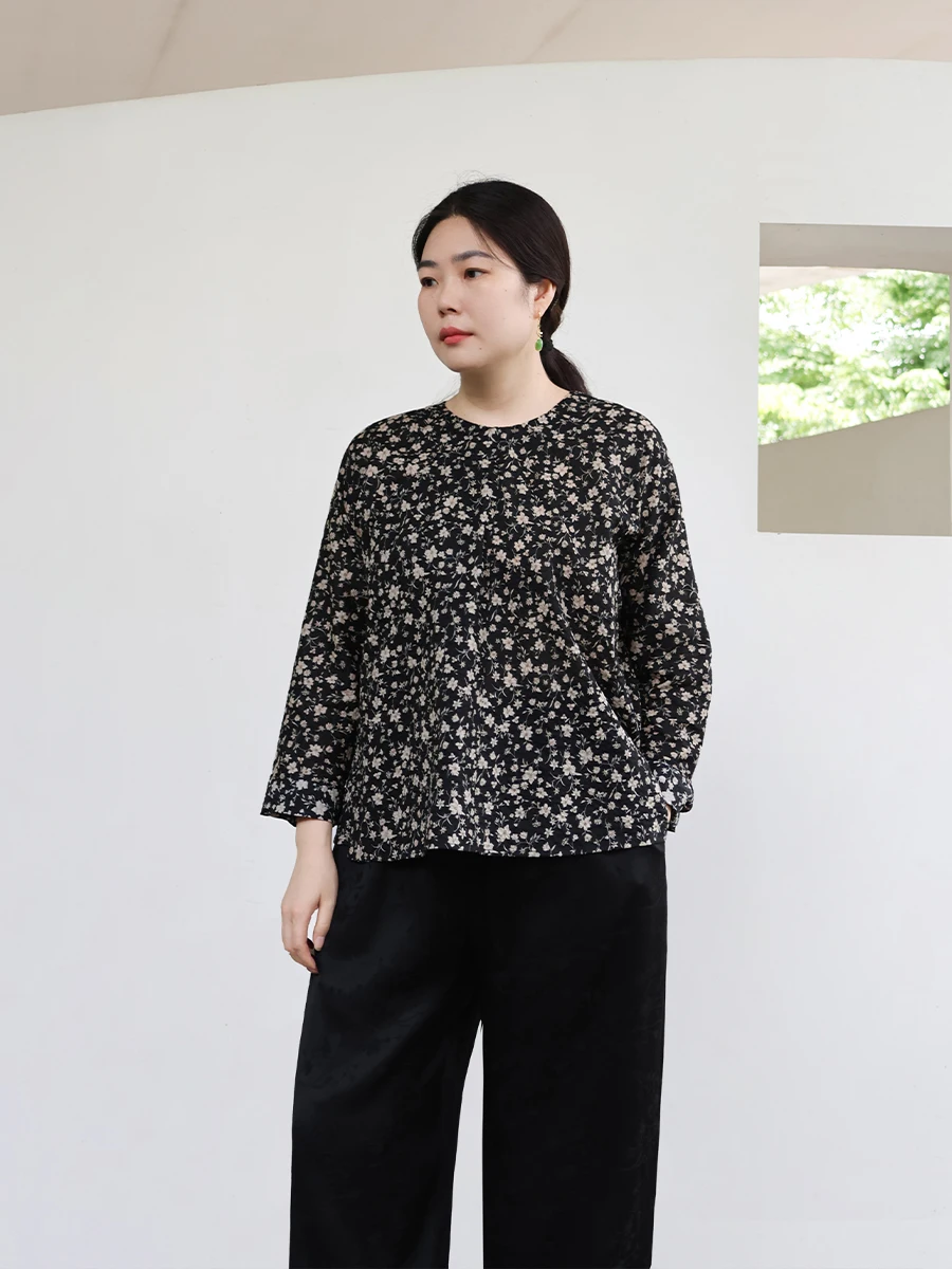 

Pure Cotton Long Sve Women's irt Floral Print Side Button Design Commute Sle Regular Fit Summer New Arrival Bla