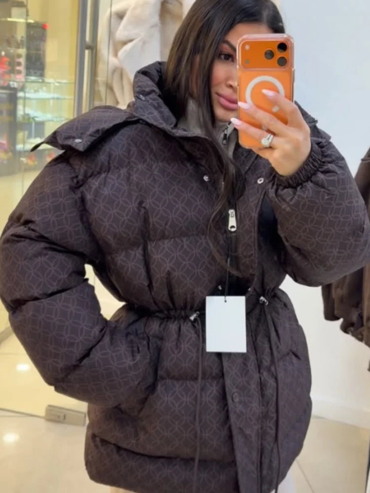 

Утепленное женское хлопковое пальто с принтом бриллиантов, повседневное теплое женское пальто с капюшоном и молнией на талии, 2021, зимние женские пальто, новинка