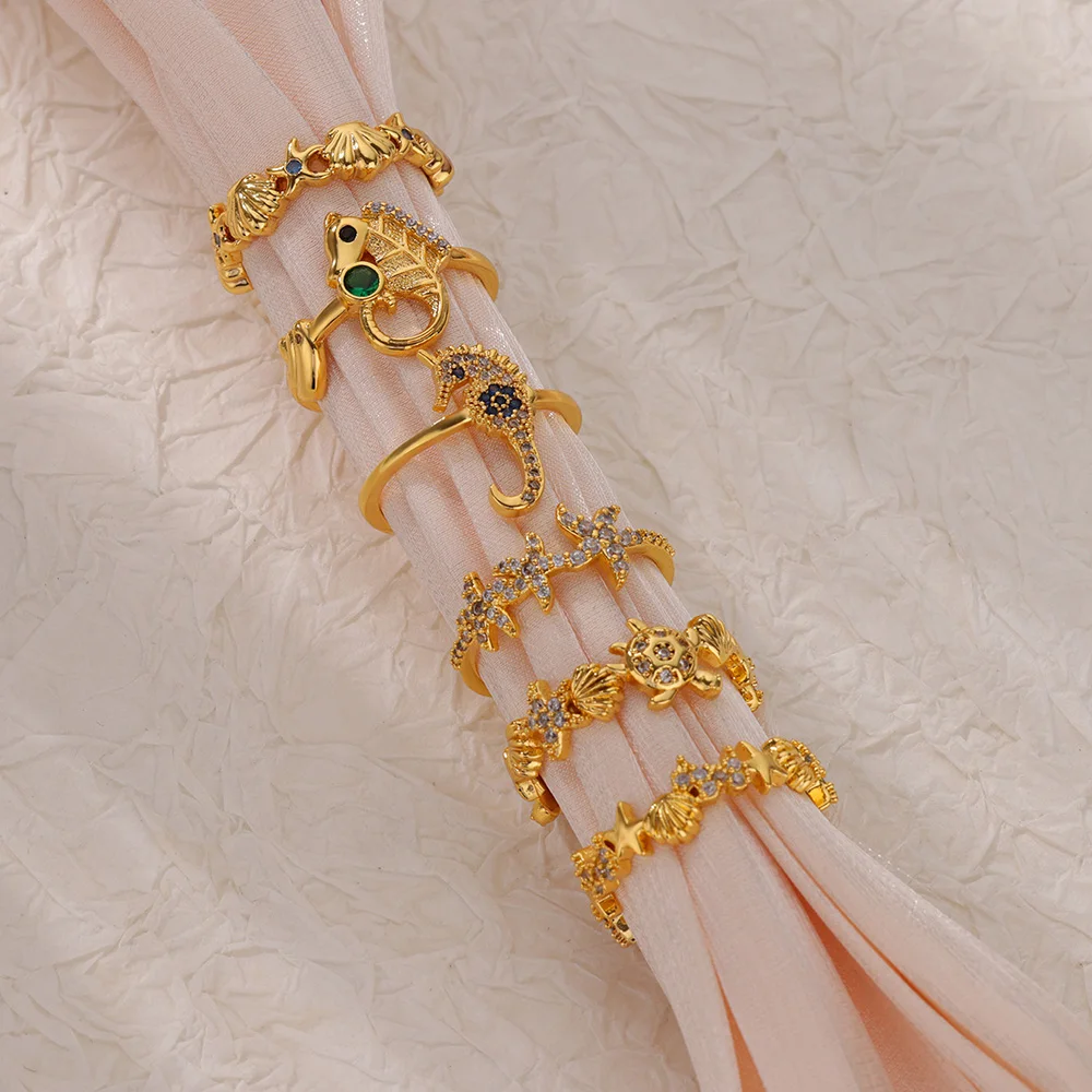Anillos de concha de estrella de mar de circón para mujer, anillo de caballito de mar de acero inoxidable de Color dorado, joyería estética para fiesta en la playa y Navidad