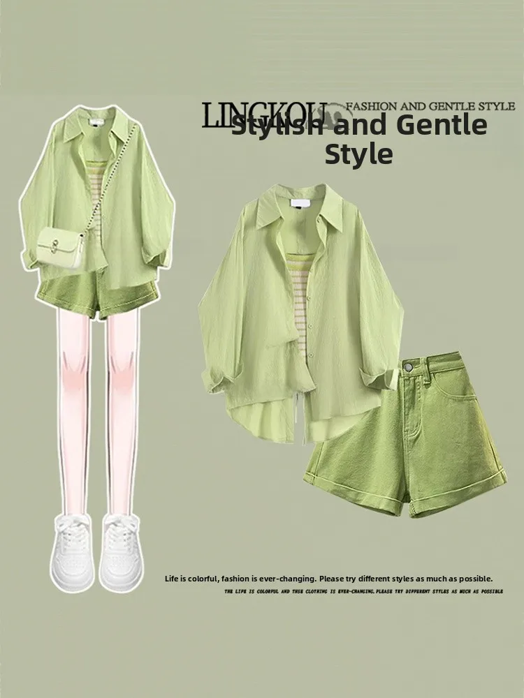 

Summer Style Women's Three-Piece Set Striped Shirt Denim Vest Green Shorts Korean Fashion plus Size Clothing Ensemble