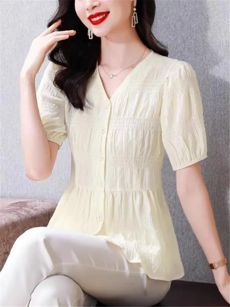 Loose Blouses Summer Cardigan Top For Women Short Sleeve Shirt Belly Covering Top Woman Pleated Tunic Slim Shirt Grace Female image 3