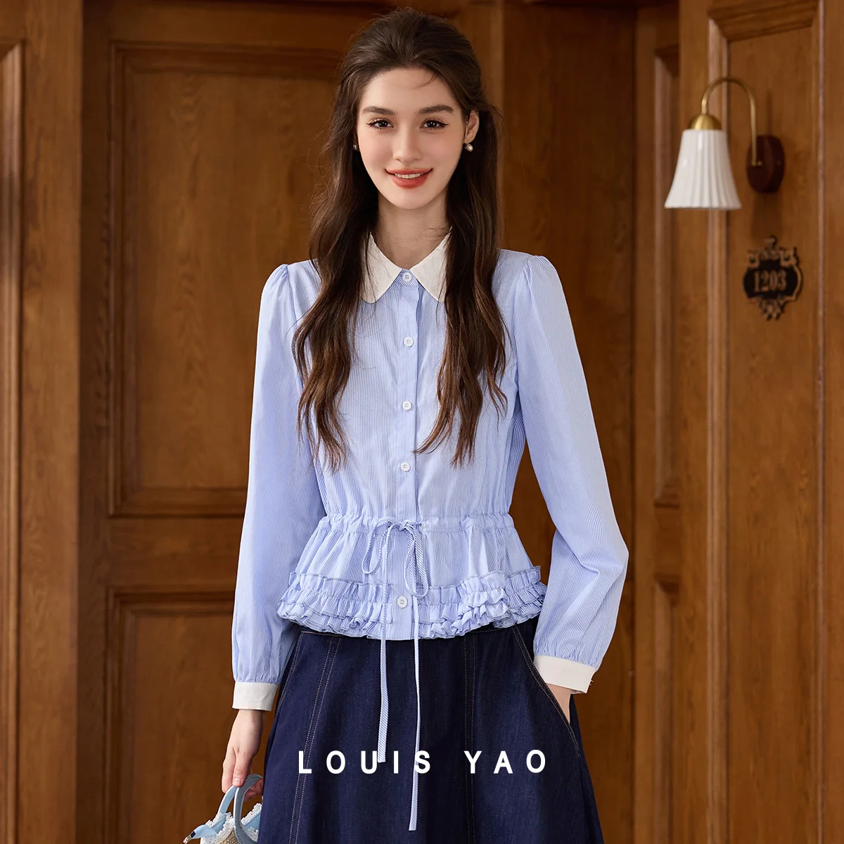 

LOUIS YAO Sweet Doll Collar Age Reducing Cardigan 2025 Autumn Women's Blouse Elegant Hem Ruffle Drawstring Design Woven Shirt