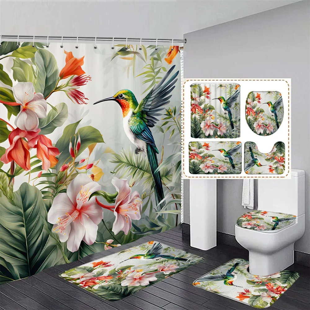 Blue Floral Hummingbird Shower Curtain Set Flowers Plant Bird Watercolour Art Modern Bathroom Decor Bath Mats Toilet Lid Cover