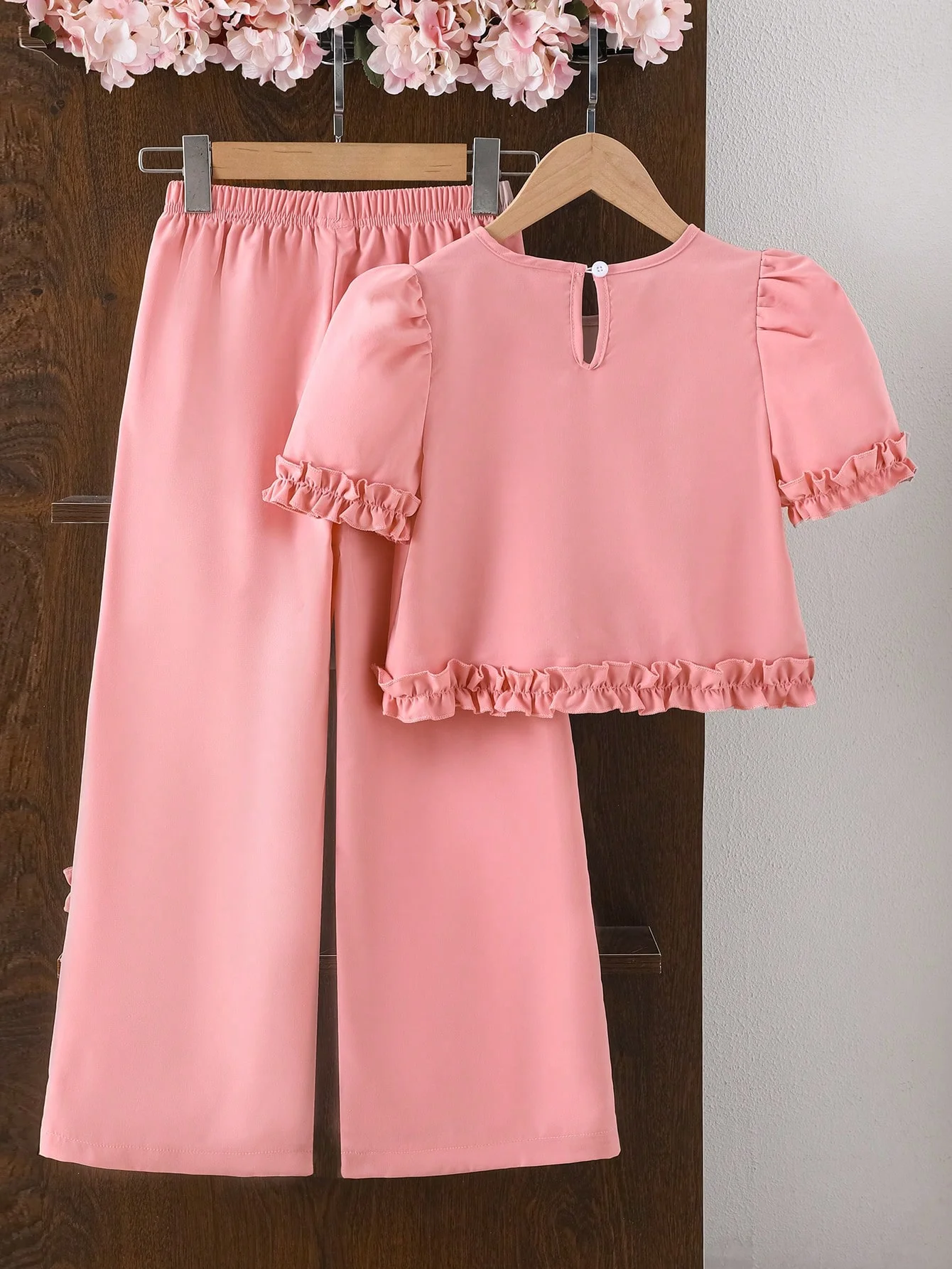 Girls Fashion Spring/Summer Pink Ruffled Lace Puff Sleeve Top + Long Pants 2-Piece Set