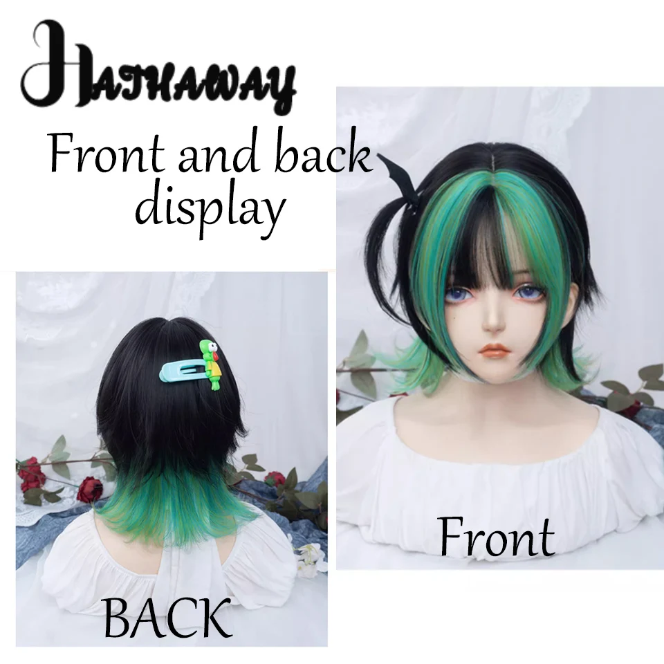 Wig sintetik sekitar 34 CM hitam hijau gradien Wig poni pendek rambut lurus alami Wig wanita pakaian Cosplay harian