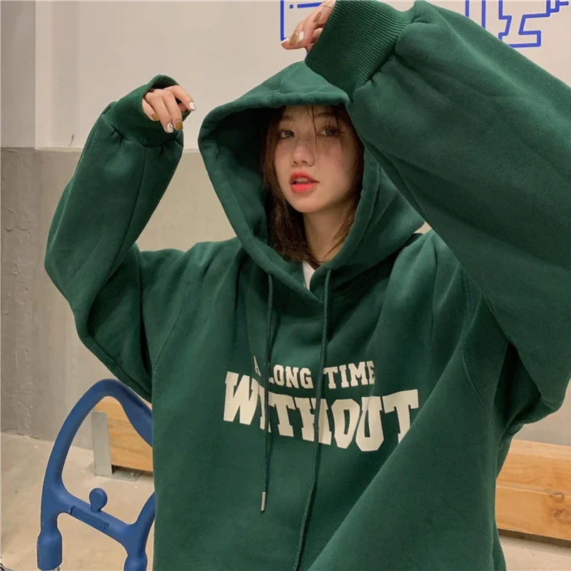 Autumn Retro Green Letter Hoodie Women Ins Plus size Loose Hip Hop Hoodies Fashion Brand American Streetwear Oversized Outerwear