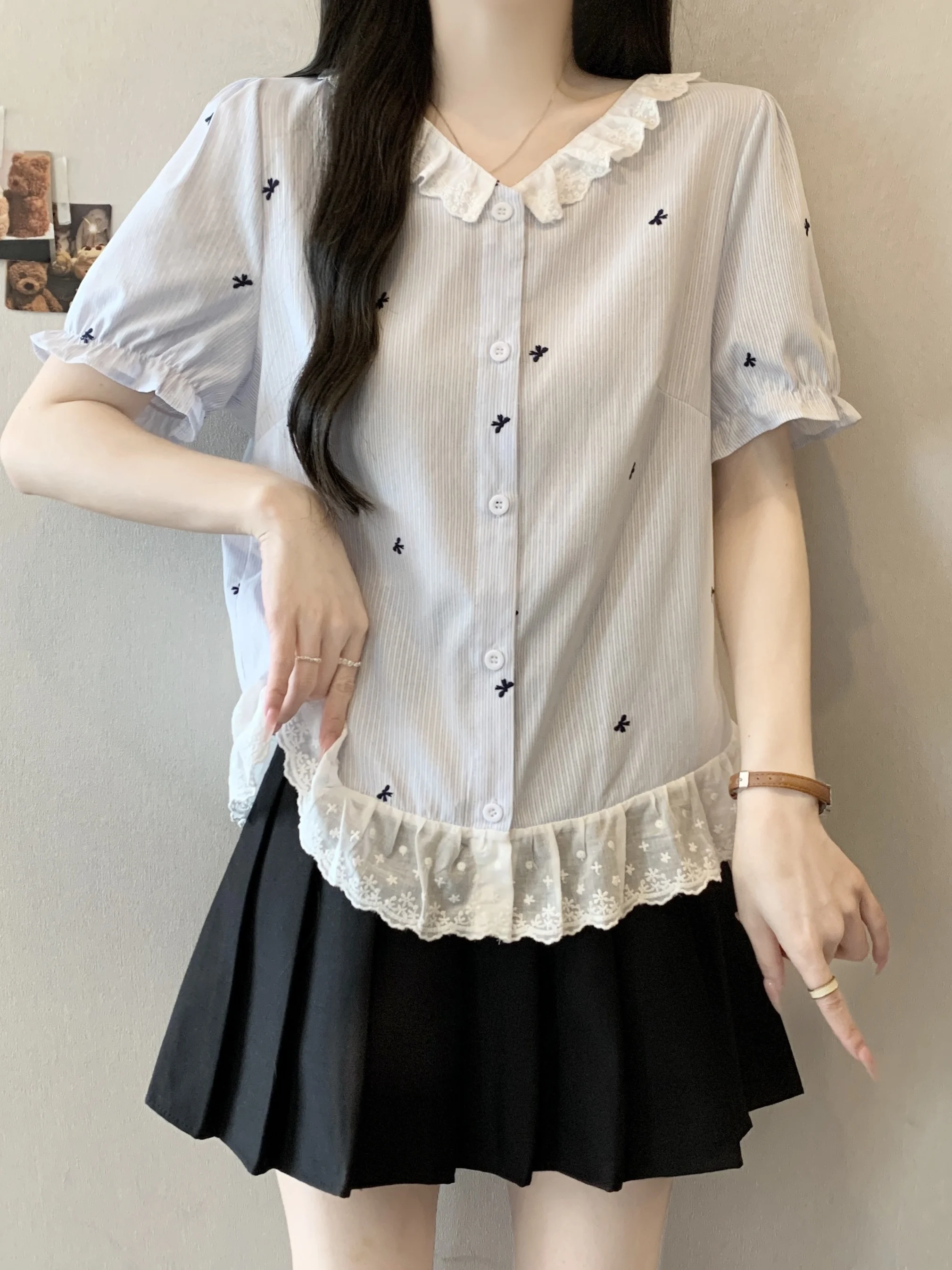 

Summer Lace Splice Oversize Sweet Knot Embroidery Shirt Women's Loose Fit Commute Style Korean Version Breathable