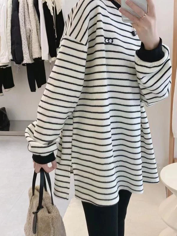 

plus Size Women's Fleece Lined Brushed Striped Base Shirt Loose Fit mid Length Autumn Winter Top round Neck Long Sleeve T-Shirt