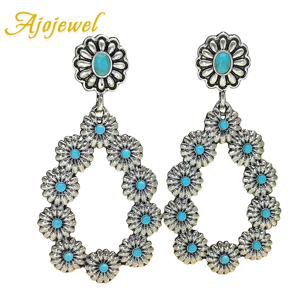 

Ajojewel Antique Silver-color Daisy Flower Earrings With Blue Stones Big Waterdrop Shaped Jewelry
