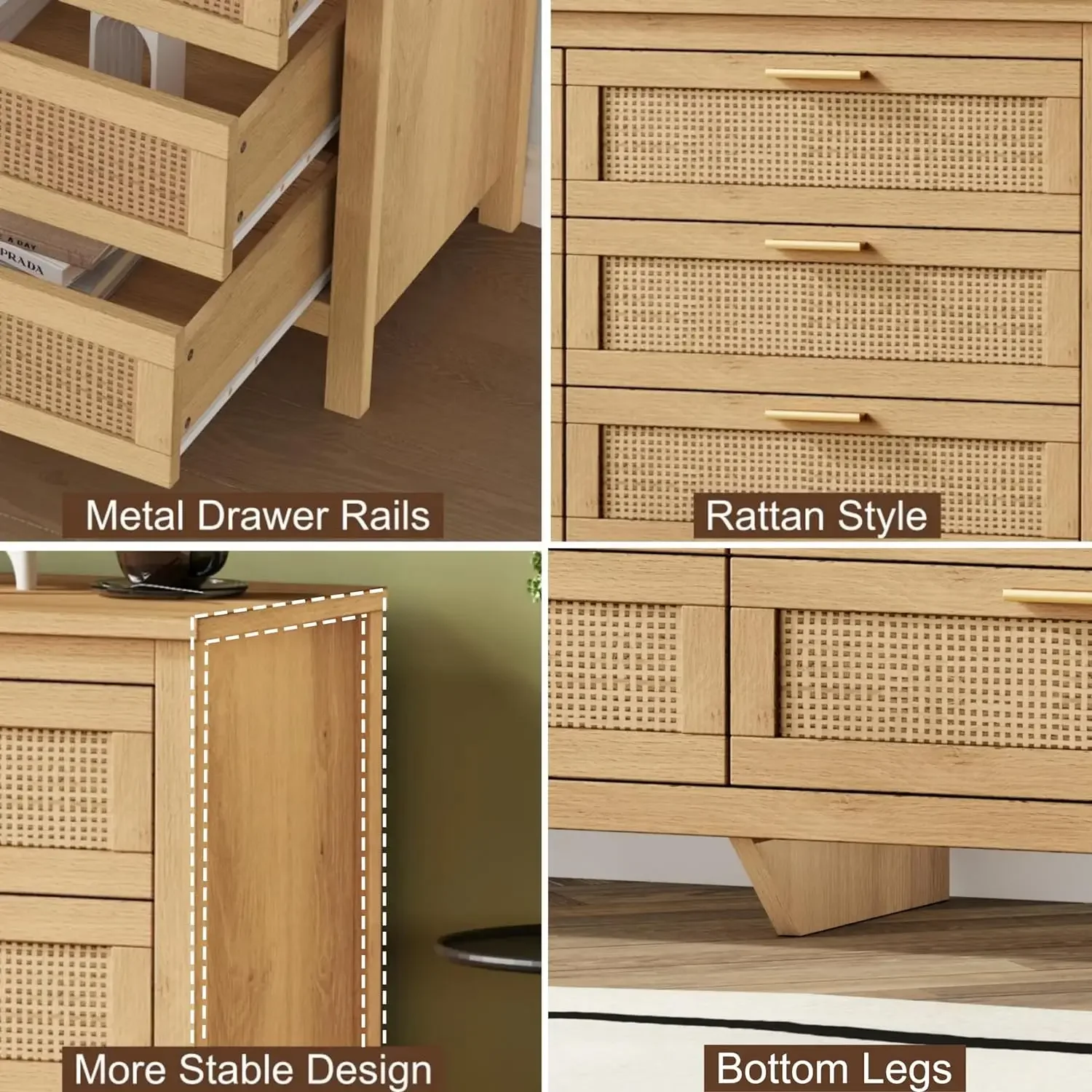 Rattan 6 Drawer Dresser for Bedroom, Wooden Storage Chest of Drawers with Metal Handles,  for Living Room, Entryway, Natural