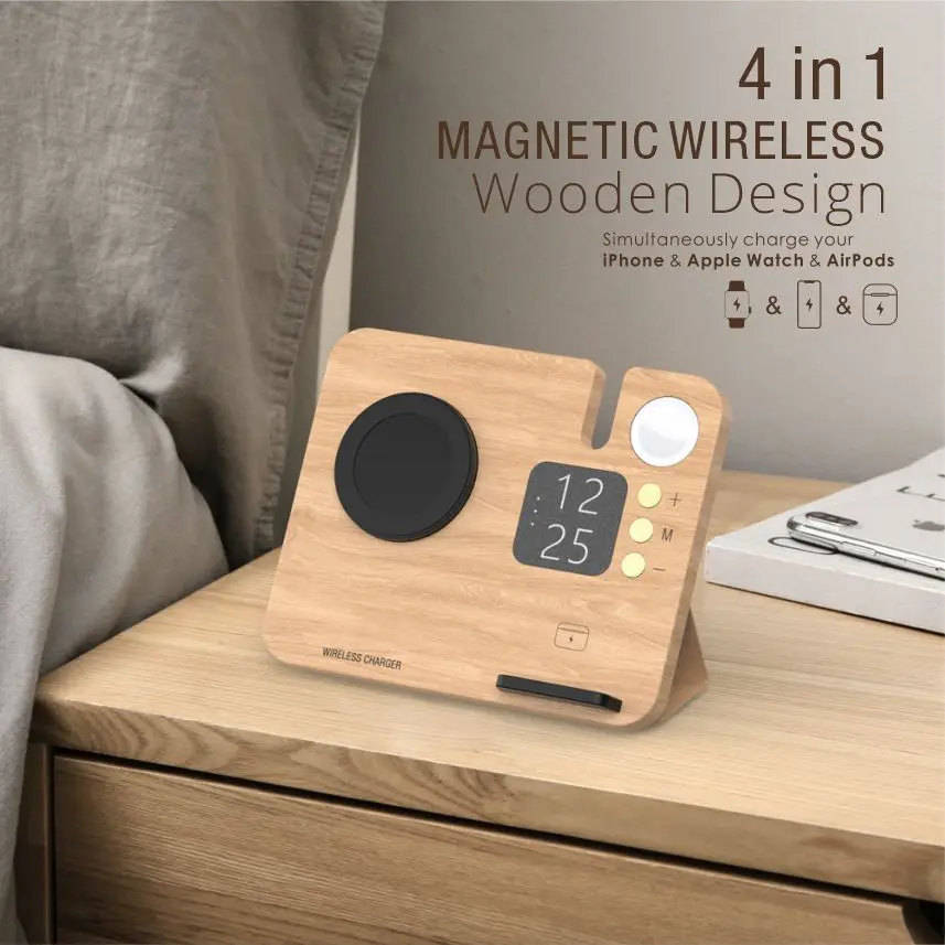 2025 New Arrivals Multifunctional Wooden Docking Holder 3 in 1 Magnetic Wireless Charger Station Phone Holder for iPhone