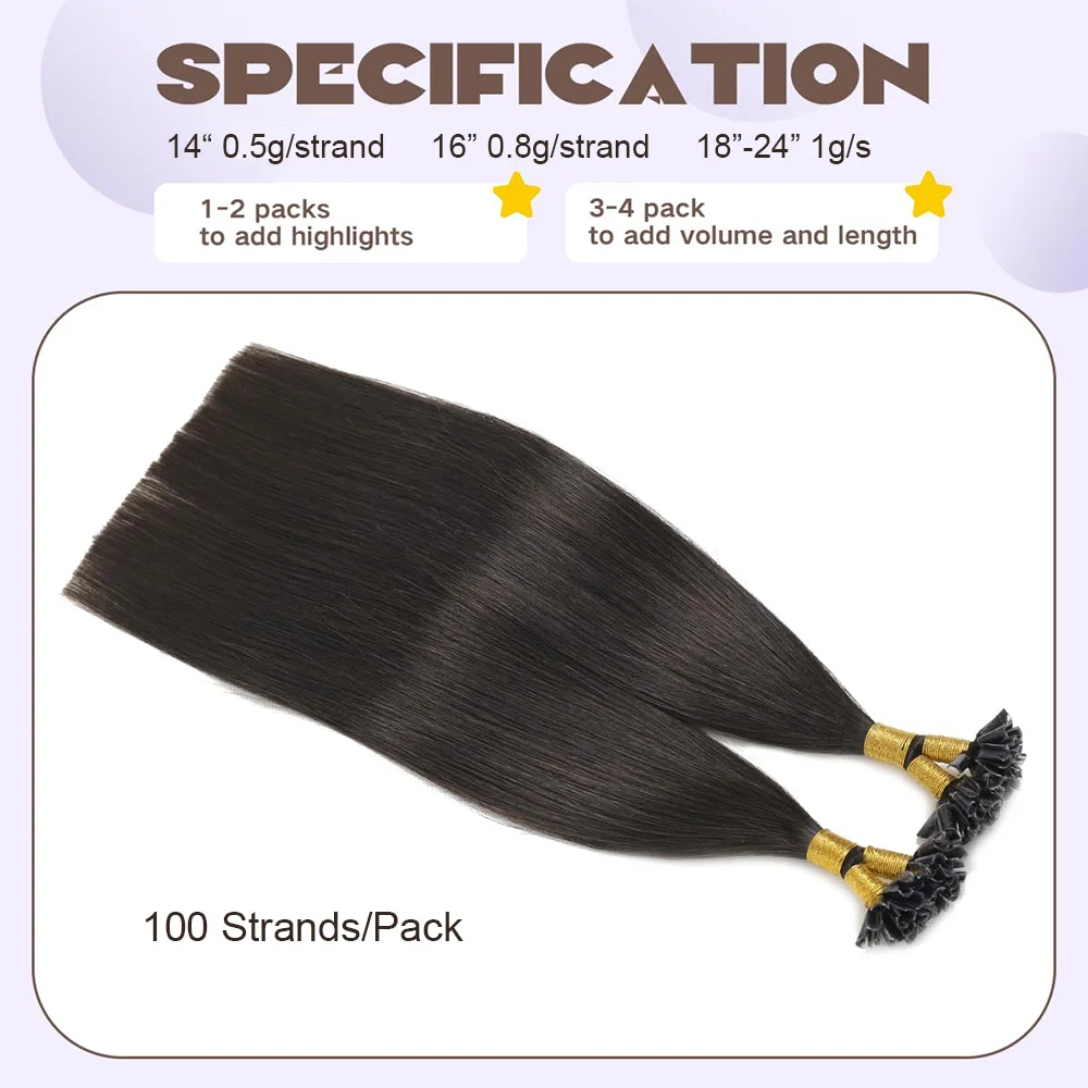 Extensiones de cabello liso con punta en U, cabello humano negro Natural, Remy, paquete de 100 hebras, n. ° 1B