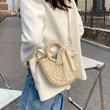 

Handmade Woven Straw Bag for Women Lace Bow Drawstring Closure Rattan Crossbody Purse Summer Beach Hollow Out Shoulder Bag