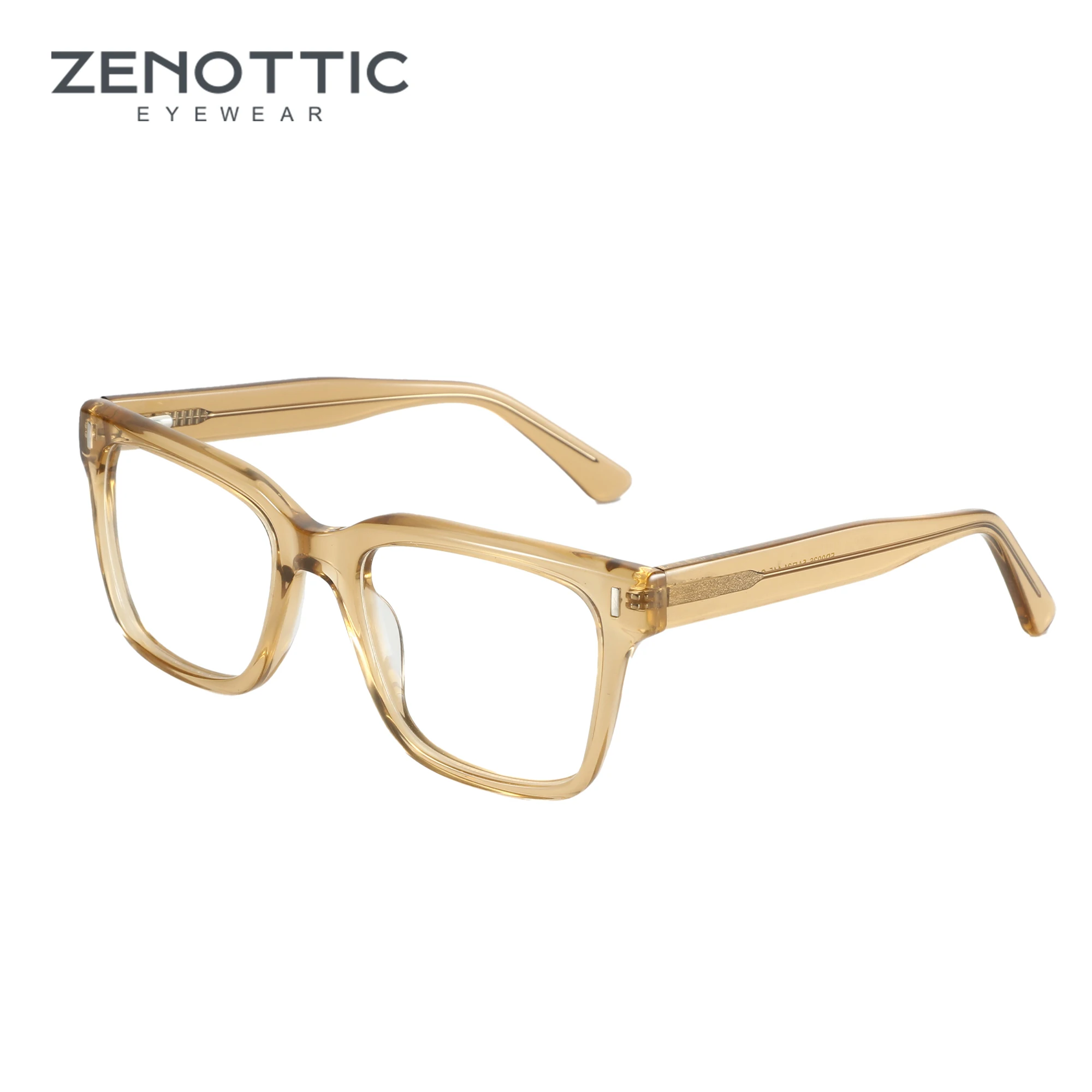 

ZENOTTIC Fashion Square Acetate Optical Glasses Frame Rivets Eyewear Non-Prescription Man Crystal Brown Eyeglasses FD9026