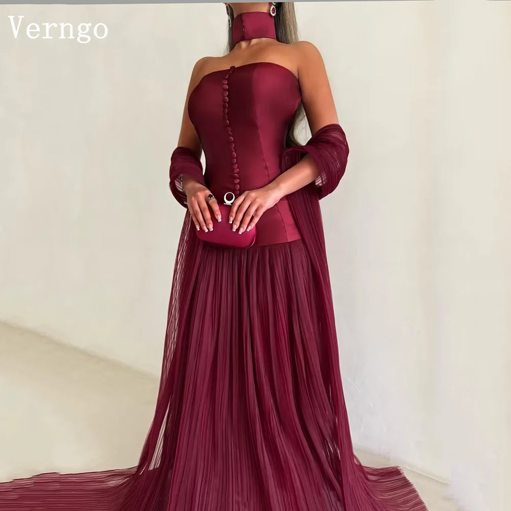 Verngo Burgundy Satin Evening Dress Strapless A Line Botton Maxi Shawl Prom Gowns Women Elegant Celebrity Party Gowns Customzied