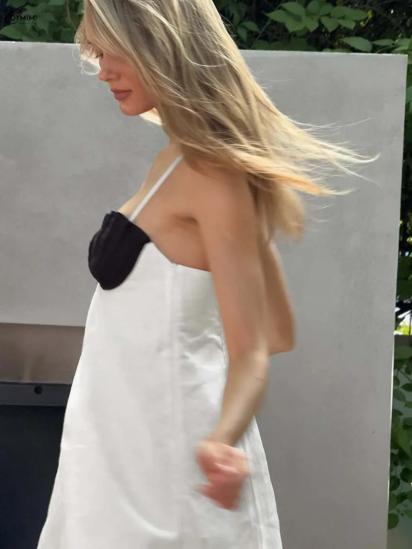 Oymimi Elegante Weiße Patchwork Kleider Für Frau Mode Spaghetti Strap Open Back Zipper Kleider Herbst Lose Mini Kleid Weibliche