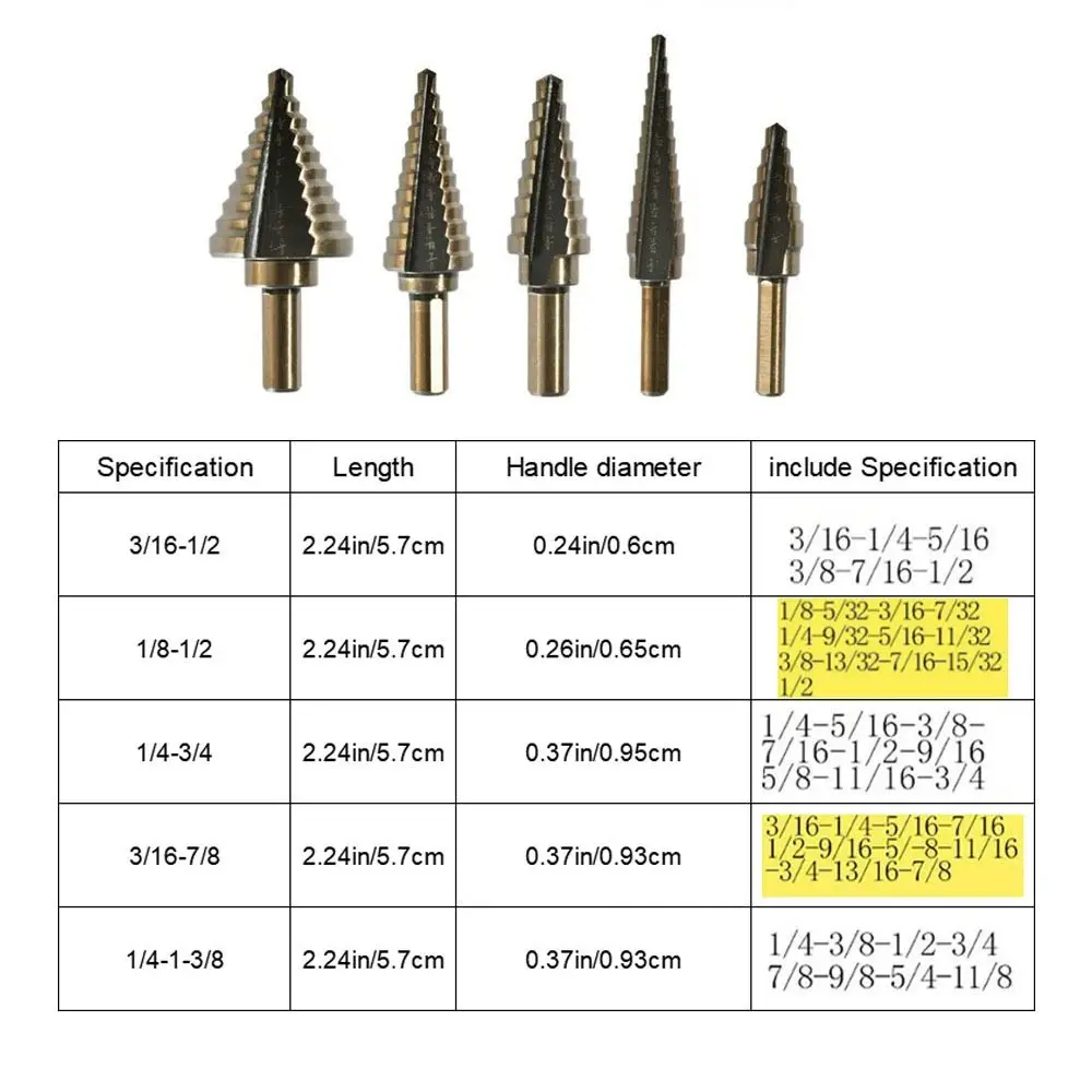 5Pcs 50 Sizes Step Drill Set Cobalt Titanium Triangle Multiple Hole Drill Spiral Conical Carbide Cone Drill Perforator Tool