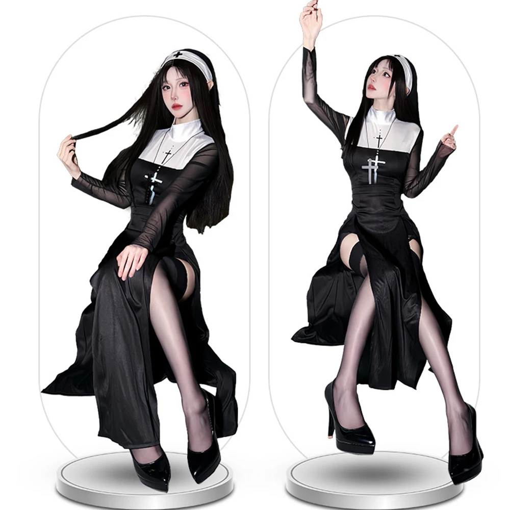

Abstinence Women's Sexy Nun Costume Full Set Halloween Carnival Cosplay Party Performance Outfit with Cross Headpiece Veil Suit