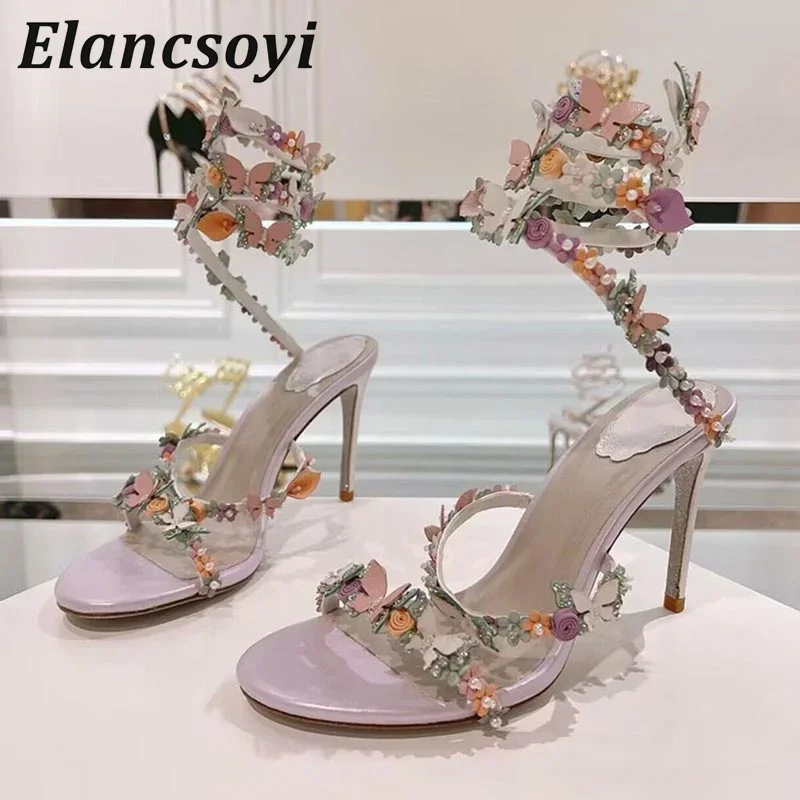 Sandals Sexy Thin High Heels Women Bling Rhinestone Flower Ankle Snake Shaped Winding Wedding Shoes Summer Gladiator Sandalias