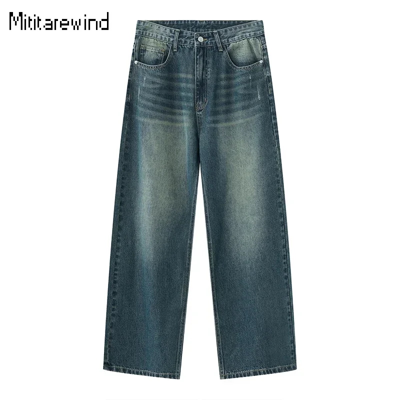 

Korean Style Retro Blue Jeans Men Four Seasons Streetwear Washed Distress Straight Jeans Full Length Baggy Pants Fashion Trouser