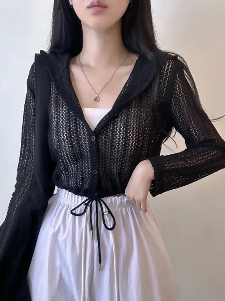 เกาหลีSle Hooded Hollow OutเชือกDstring Orผู้หญิงOuterwearต้นฤดูใบไม้ร่วงบางครีมกันแดดTop Coat