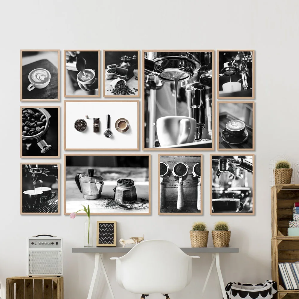 Affiche d'art sur toile avec motif de tasse de café expresso noir et blanc, impressions murales, image pour décoration de salon, maison ou café