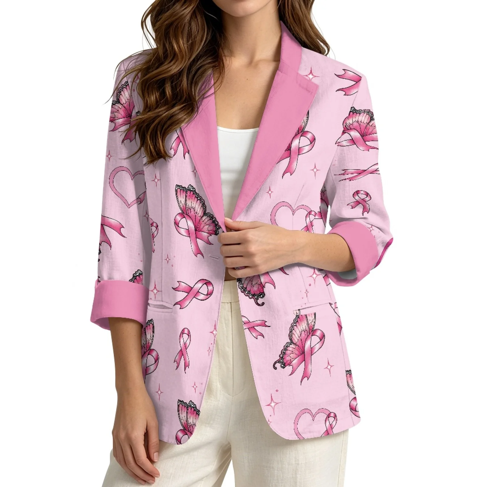 PENSTROLL Pink Ribbon Butterfly with Pockets, Open Front Cardigans for Ladies, Linen Like Loose Jackets for Resort and Vacation