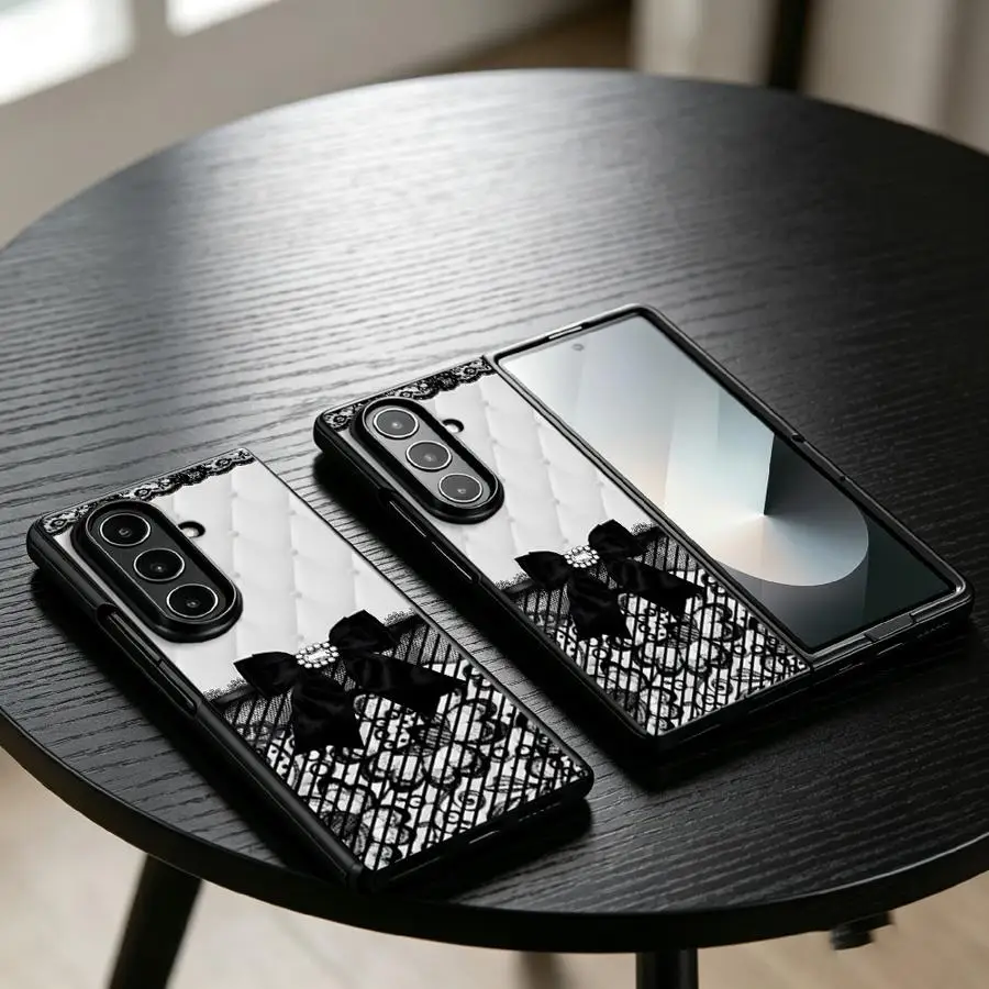 Case for Samsung Galaxy Z Fold 8 Z Fold 7 6 5 4 3 ZFold3 ZFold6 ZFold5 ZFold7 ZFold4 Back Phone Cover Black Lace Bow