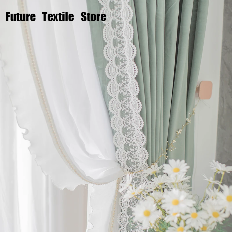 

2023 New Avocado Green French Lace Princess Style Curtains Bedroom Living Room Bay Window Shading Curtains Modern and Simple