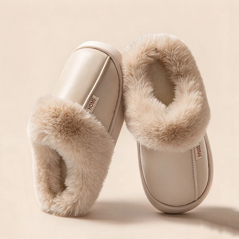 Damen-Hausschuhe, Winter, für drinnen und draußen, warm, rutschfest, Baumwollschuhe, wasserdicht, flauschige Hausschuhe, Paar-Schlafzimmer-Plüsch-Hausschuhe – Detail 7