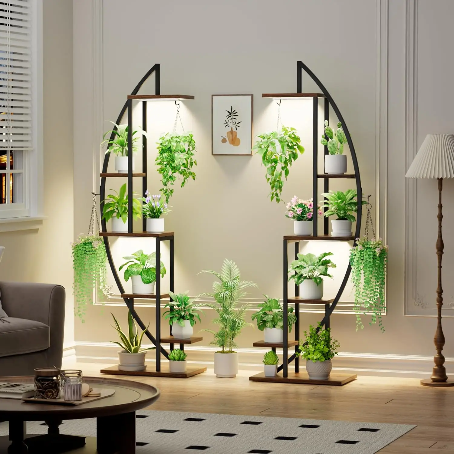 حامل نباتات داخلي مكون من 6 طبقات مع أضواء للنمو، رف معدني مقاس 63 بوصة للنباتات، ديكور غرفة المعيشة