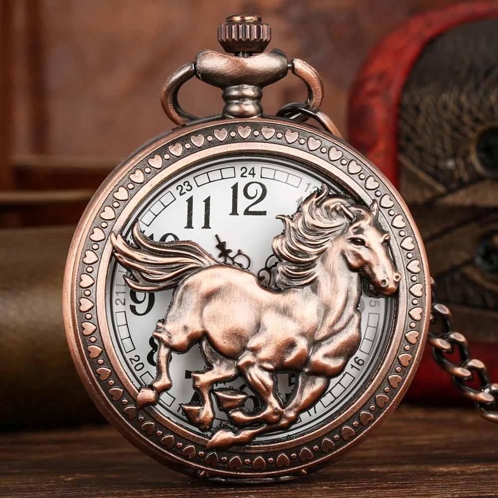 

Vintage Half Hunter Running Horse Quartz Pocket Watch Gift Men Women Arabic Numeral Dial Hollow Antique Pendant Necklace Watches