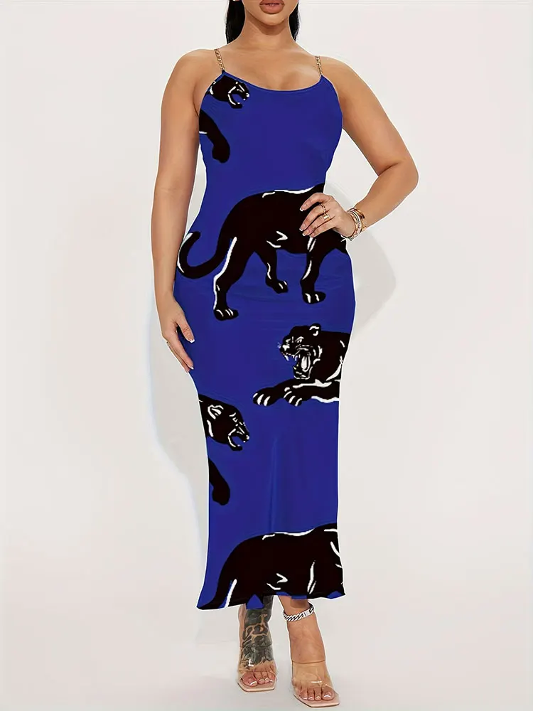 Новое женское вечернее сексуальное черное платье больших размеров с тигровым принтом, элегантное французское платье, синие длинные платья без рукавов, распродажа