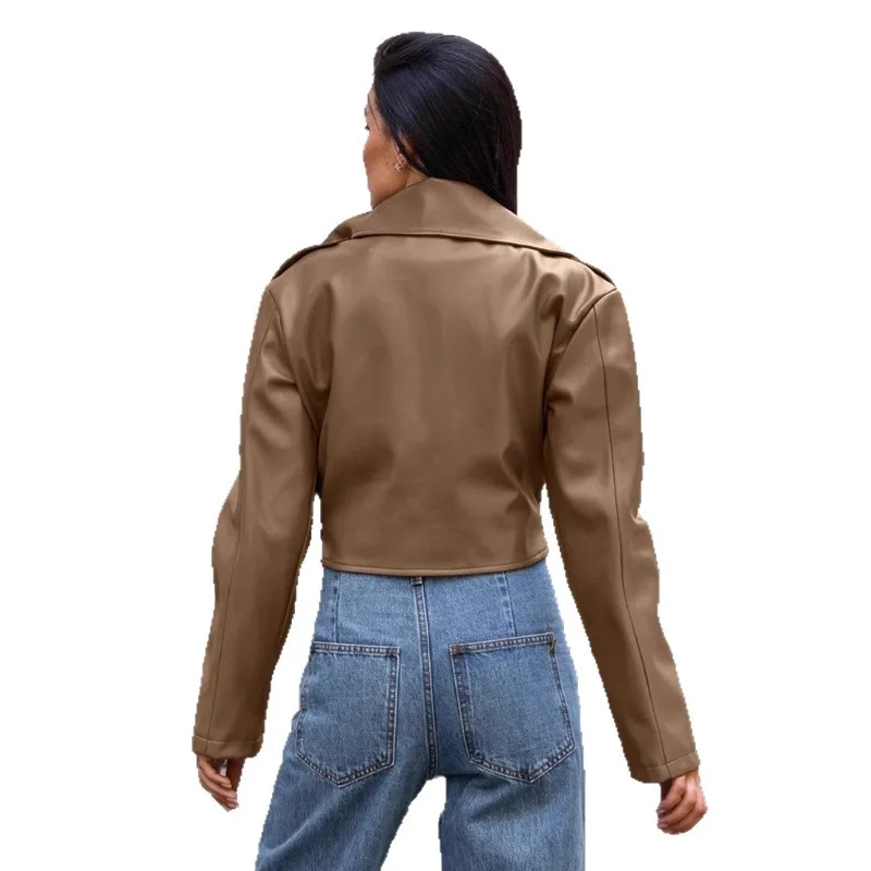 Jaqueta curta com zíper lateral mulher lapelas mangas compridas casaco commuter cáqui emagrecimento rendas até jaqueta de couro casual roupas femininas