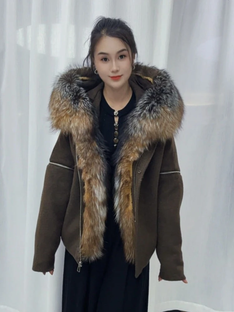 Women's Winter Short Down Jacket Hooded Thick Down Padding Zipper Casual Natural Fur Coat Warm Outerwear for Women High-End