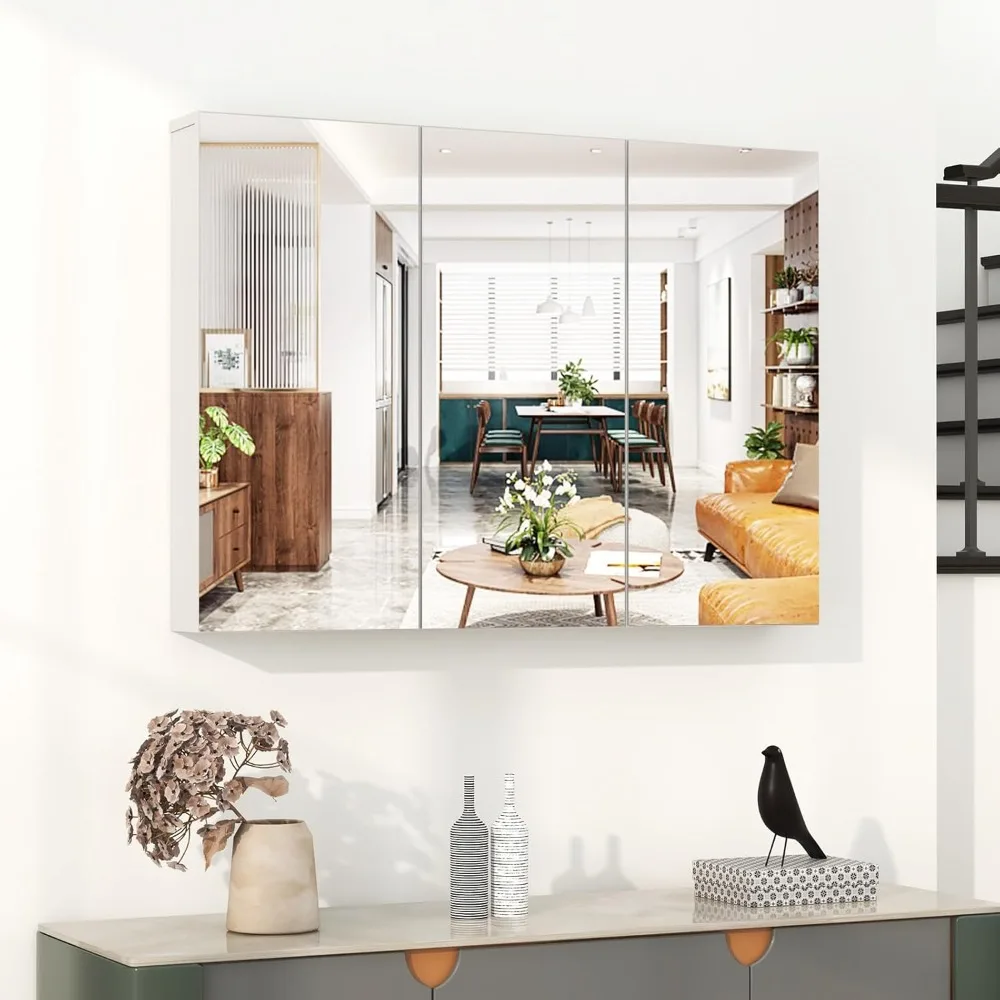 Bathroom Mirror with Storage - Medicine Cabinet, Frameless Bathroom Wall Cabinet with 3 Doors and Shelves