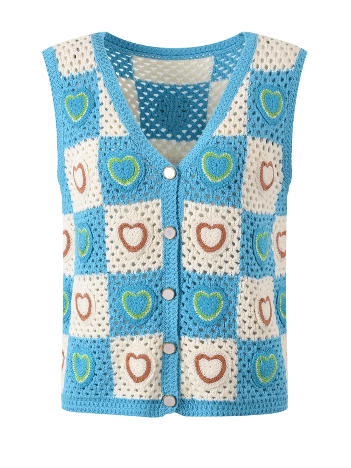 

Sweet Style Summer T-Shirt Knitted Hollow Heart Shaped Hook Flower V-Neck Single Button Closure Casual Women's Vest Top