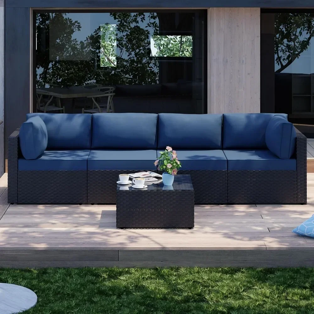 Poolside Garden Furniture 5 Pieces Outdoor Patio Sectional Sofa Couch Backyard Black PE Wicker Furniture Sets Aegean Blue