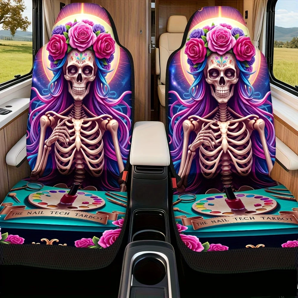 2pcs Sugar Skull Colorful Pattern Car Seat Covers | Elegant Front Seat Covers For Modern Car Design, Universal Fit, Polyester Fi