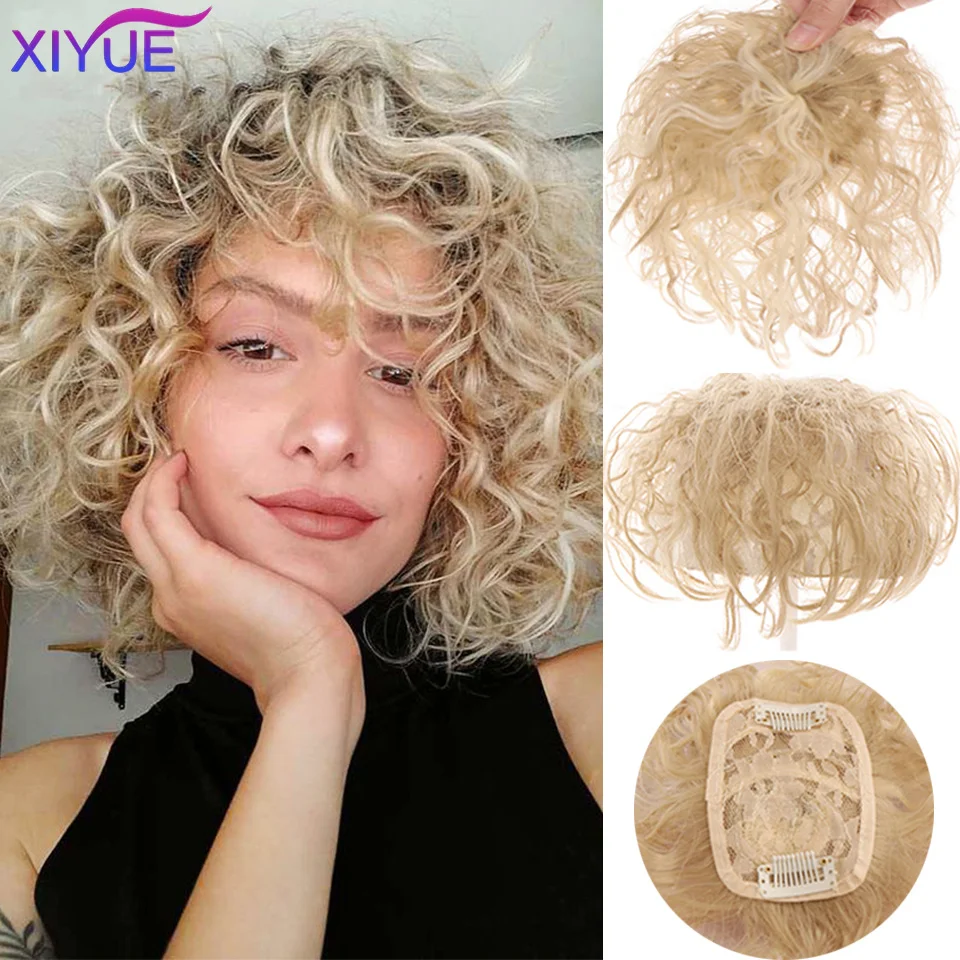 XIYUE Black Brown Curly Hair Top Toupee Clip In Synthetic Hair Extensions Replacement Closure Hairpiece Wigs With Bangs Women