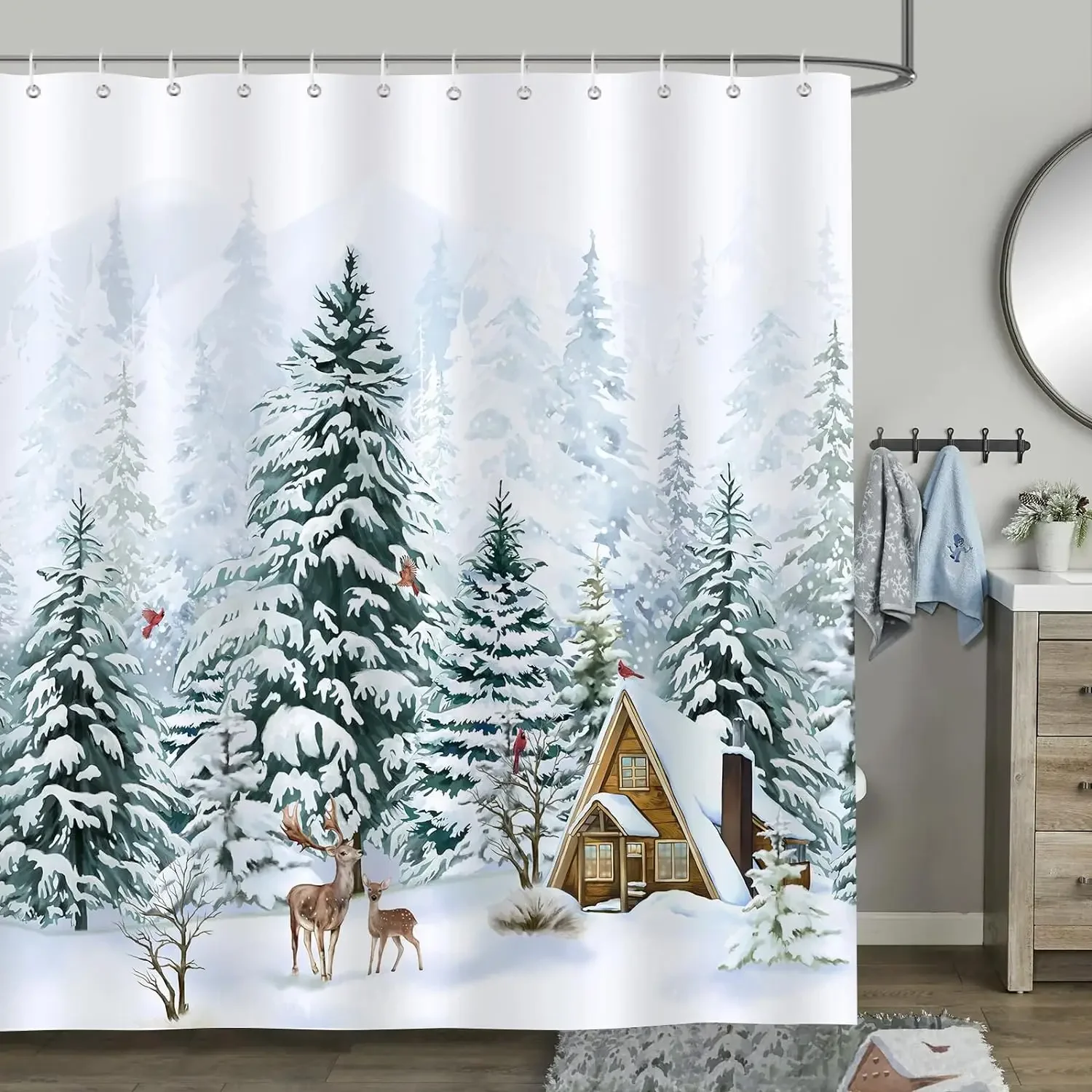 Christmas Shower Curtain, Winter Farm Barn Snowman Animal Moose Berry Christmas Tree Snow Scene Red Bird Bathroom Decoration