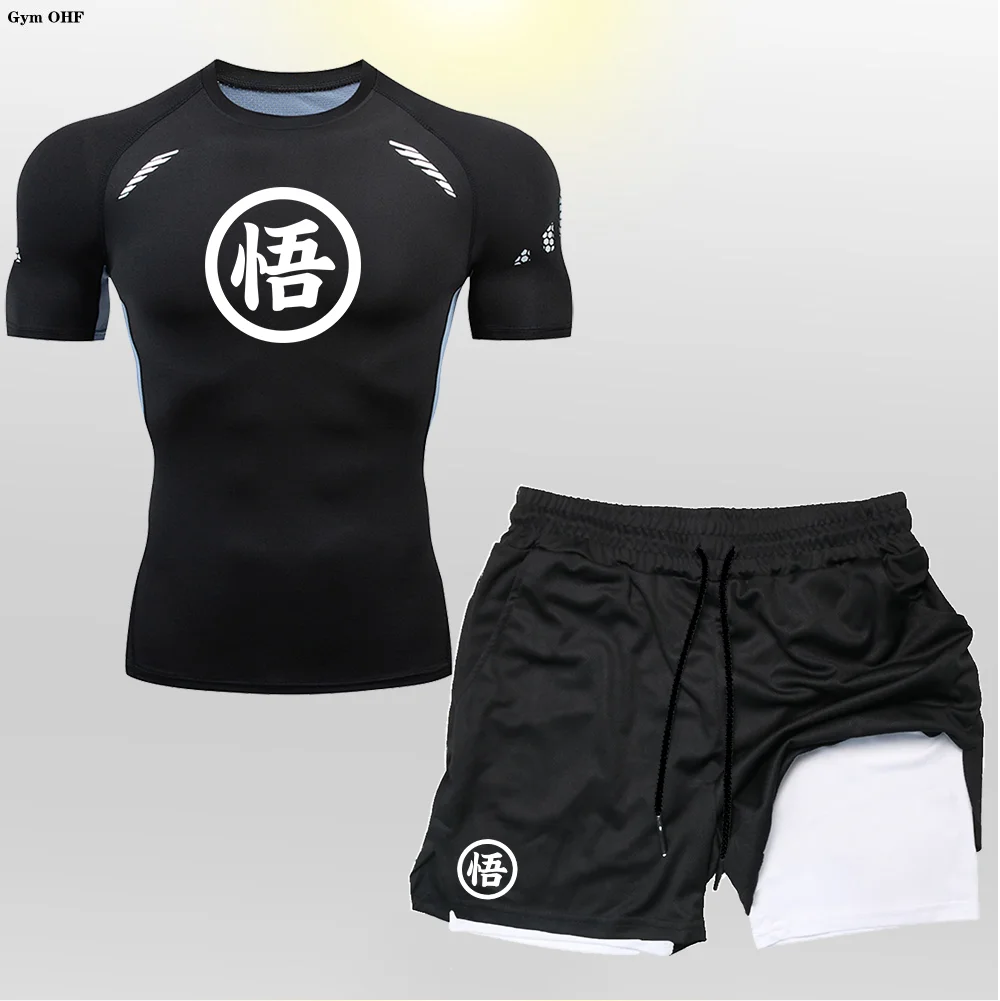 

Men's Compression T-shirt Print Double Layer 2-in-1 Performance Shorts Breathable Quick-Drying Elastic WorkoutSportswear set