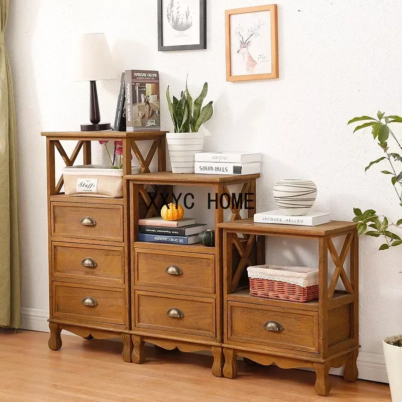 Limited! Vintage American Solid Wood Nightstand MultiLayer Bedside Cabinet with Storage Drawers Retro Home Furniture