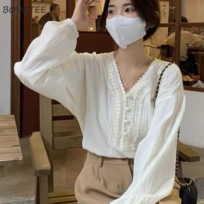 Blouses Women Chic Spring Korean Style Solid Ladies Daily All-match Casual Fashion Loose Streetwear Elegant Lace Students Soft