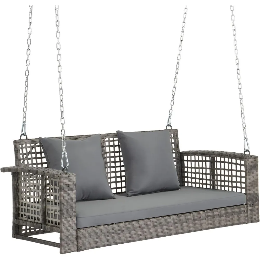 

4 FT Rattan Porch Swing Outdoor Support 800 LBS with Cushions & Adjustable Chains, Patio Wicker Swing Bench Chair