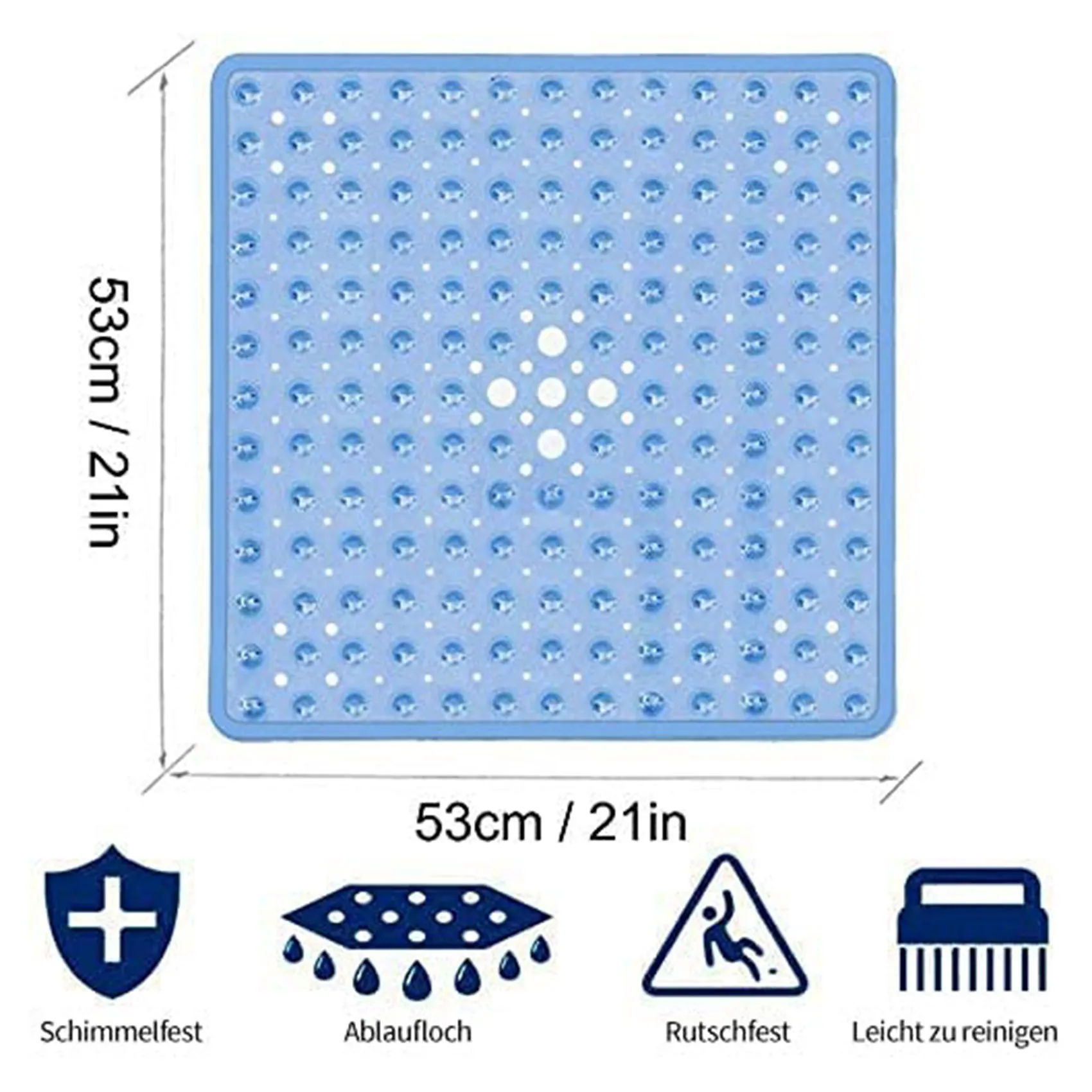 Square Shower Mats, 53 x 53 cm, Non-Slip Bath Mats, Anti-Mould Bath Mats with Suction Cup, Safety Bathroom