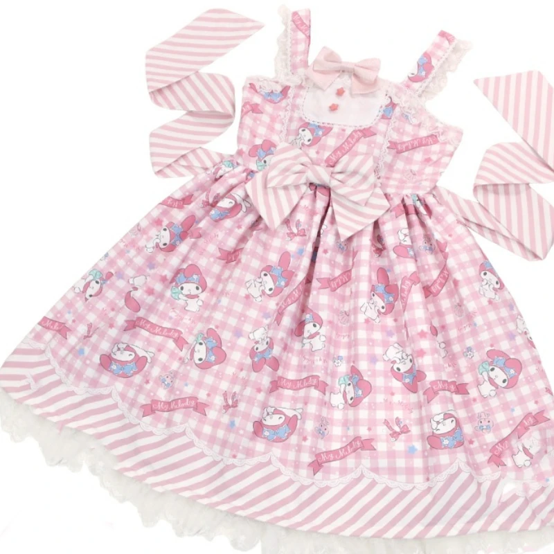 Doce estilo Lolita desenho animado vestido de princesa estampado para mulheres, bonito arco laço partido cinta vestidos, feminino Harajuku Kawaii Y2k mini vestido