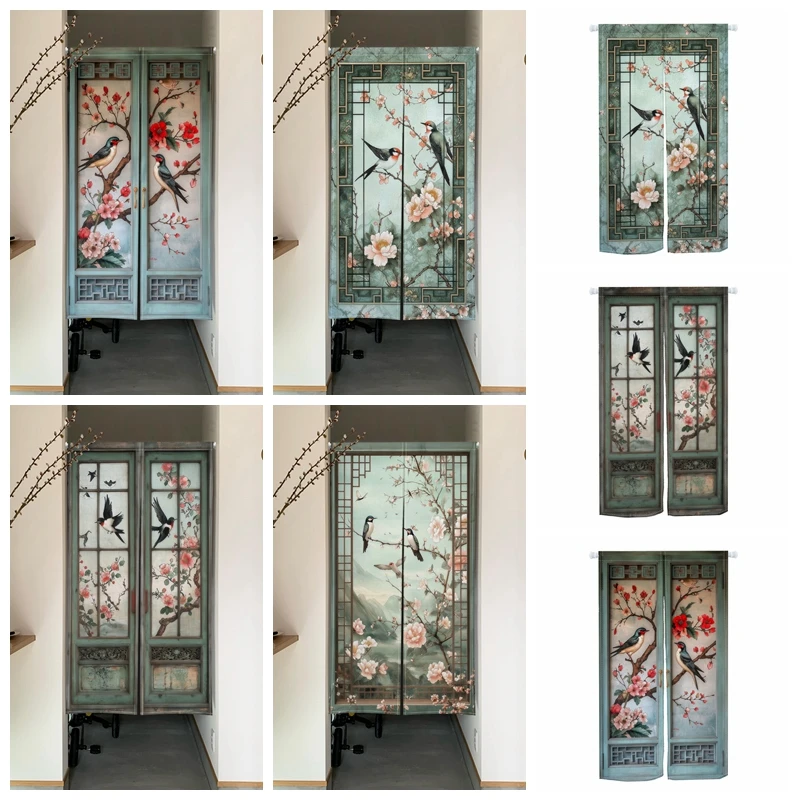 Chinese Retro Noren Door Curtains Bird Flower Linen Doorway Curtains Entryway Partition Screens Restaurant Kitchen Half Curtains