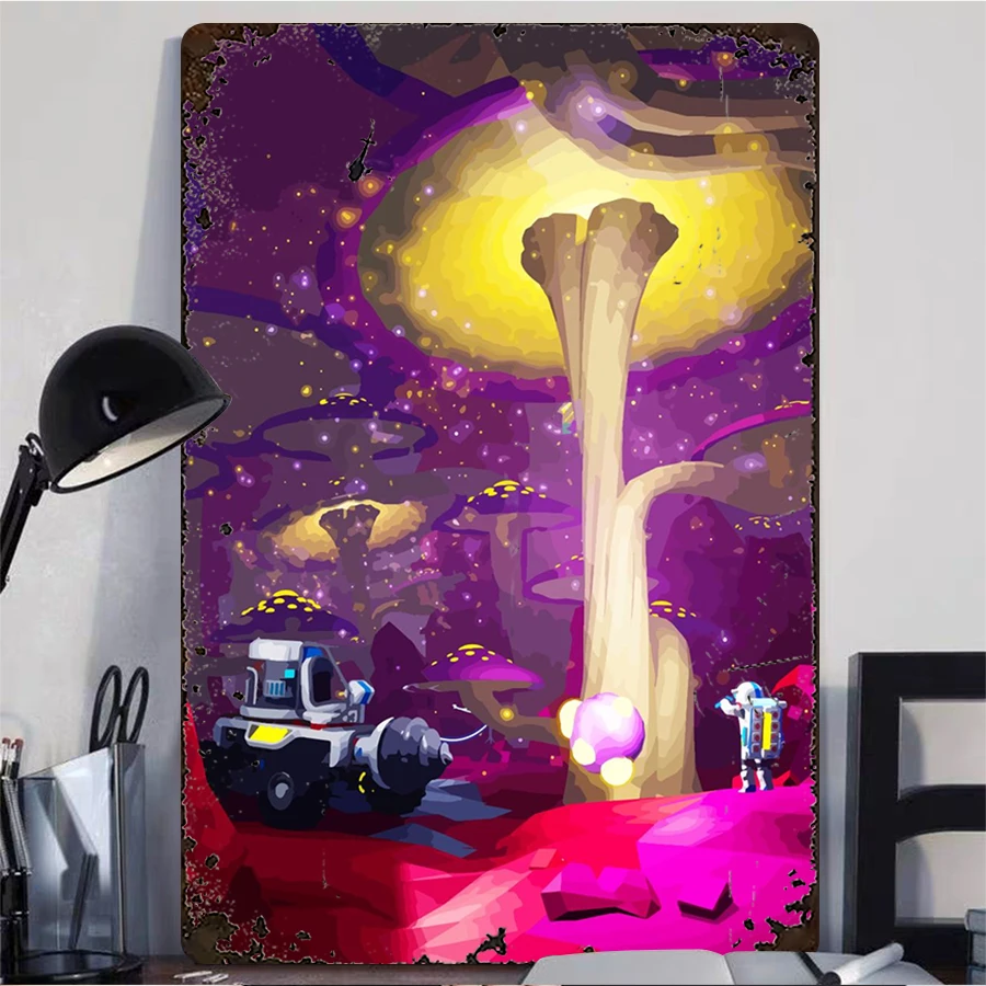 Cosmic Explorer Metal Wall Art Sci Fi Astronaut Mushroom Planet Decorative Painting for Living Room Study Bar